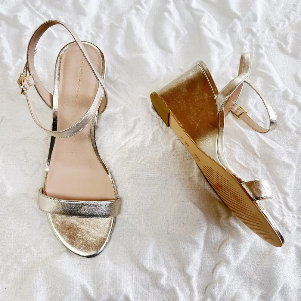 Stuart Weitzman Metallic Gold Wedge Sandals - Picture 5 of 9